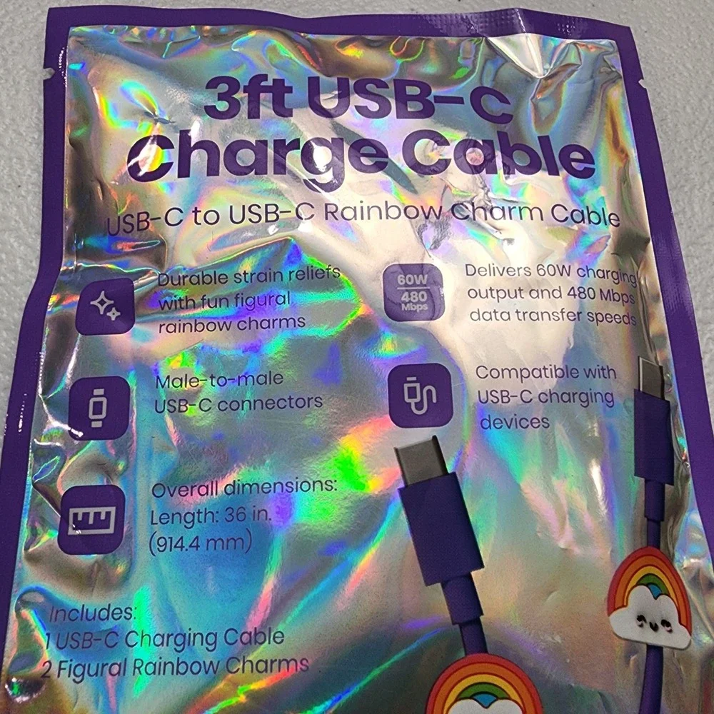 Purple Wired Earbuds 3.5 Aux Cable/ 3ft USB-C Charge Cable Rainbow Charms New